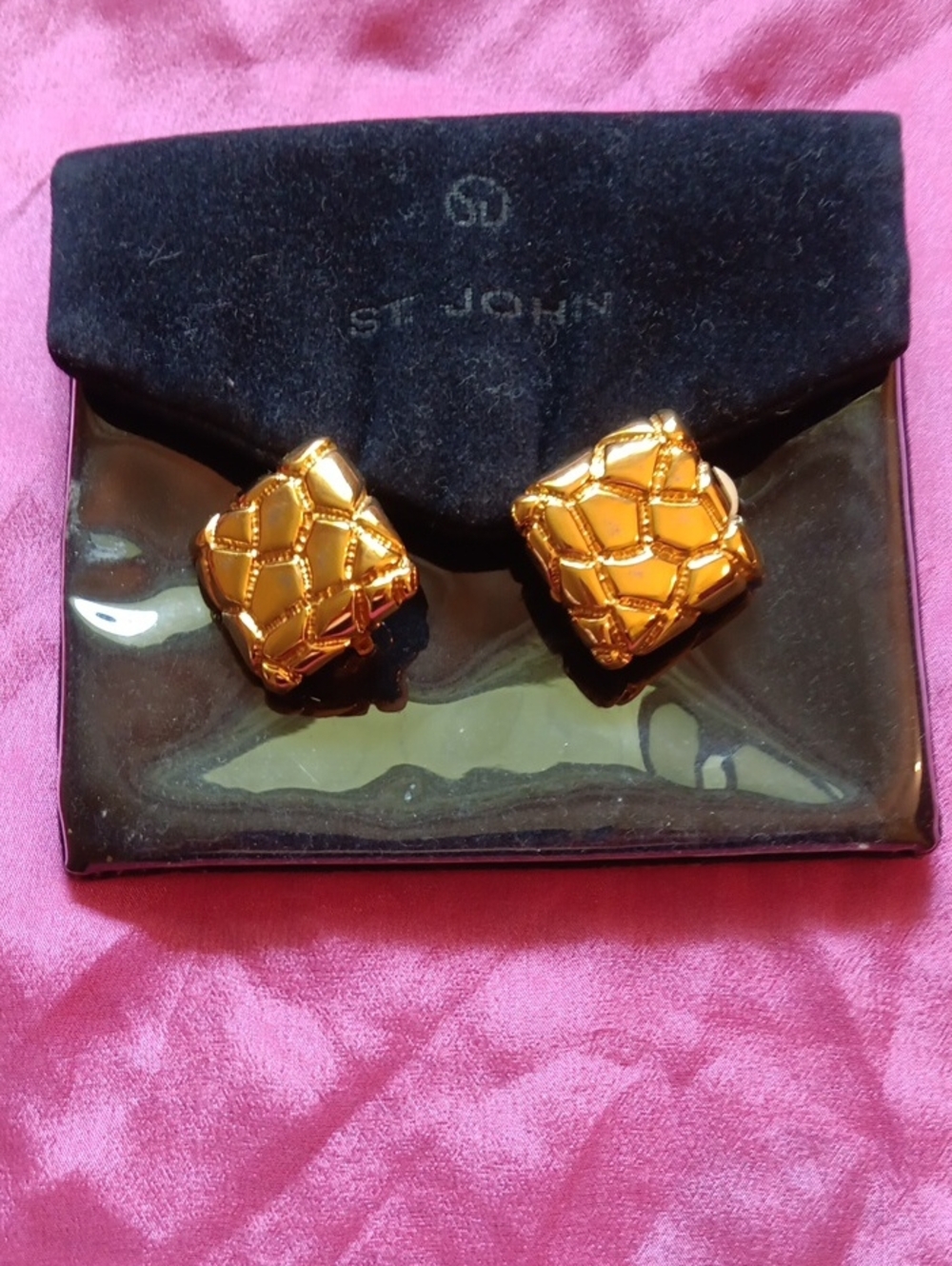 St. John Shiny Gold Quilted Clip-On Earrings